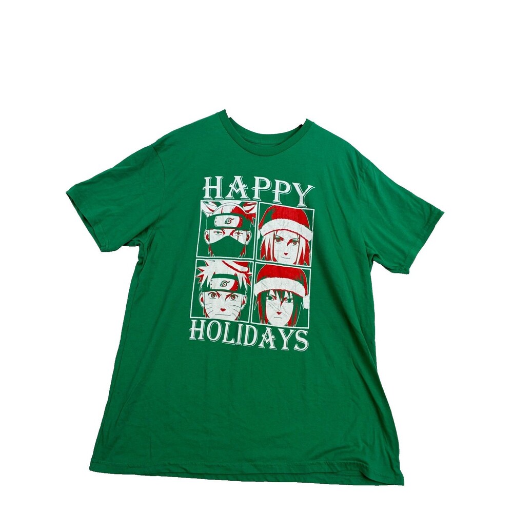 Naruto Shippuden T Shirt Mens 2XL Green Happy Holidays Kakashi Sakura Sasuke